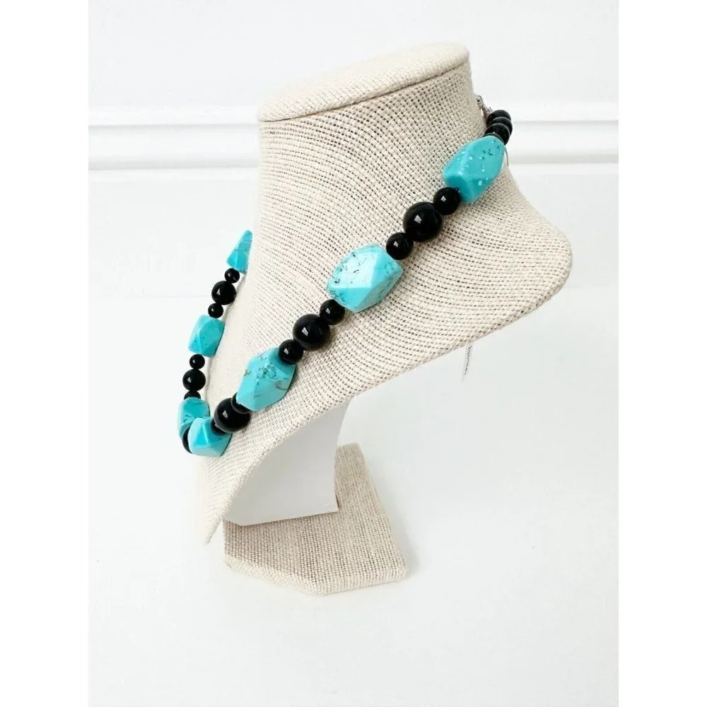 NWT Genuine Turquoise & Black Onyx Necklace Beaded Blue Black
